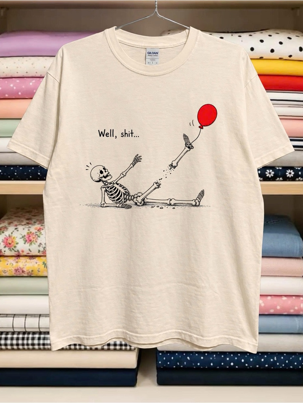 Gildan Cream Tee with Skeleton & Red Balloon Graphic